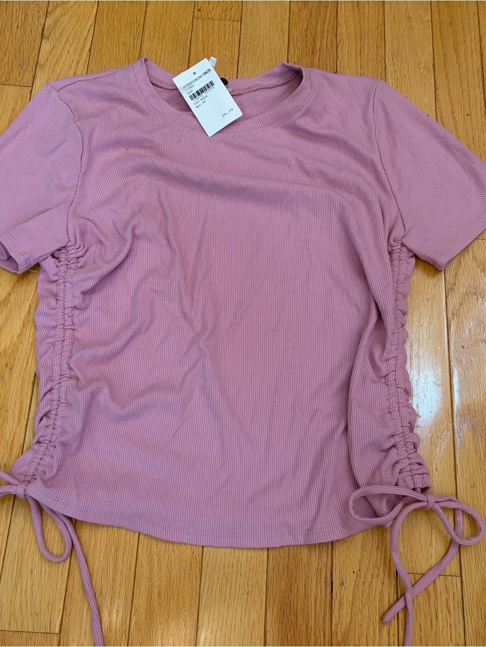 Wayf Pink Ribbed Side-Tie Short Sleeve Tee